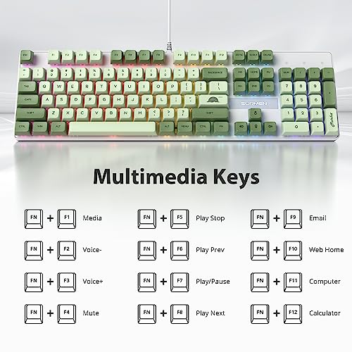 Fogruaden Mechanical Keyboard, Green Matcha, Wired USB 104 Key RGB Backlit Gaming Keyboard with Number Pad, Red Switches, NKRO for Windows Laptop PC Gamer - color: 104 Matcha/Red Switch