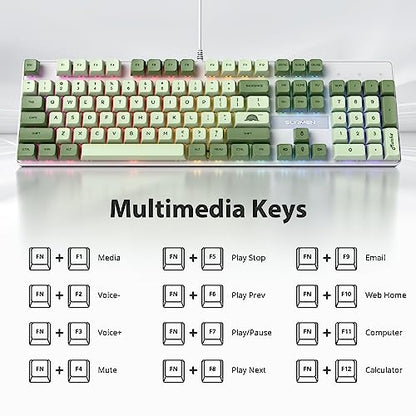 Fogruaden Mechanical Keyboard, Green Matcha, Wired USB 104 Key RGB Backlit Gaming Keyboard with Number Pad, Red Switches, NKRO for Windows Laptop PC Gamer - color: 104 Matcha/Red Switch