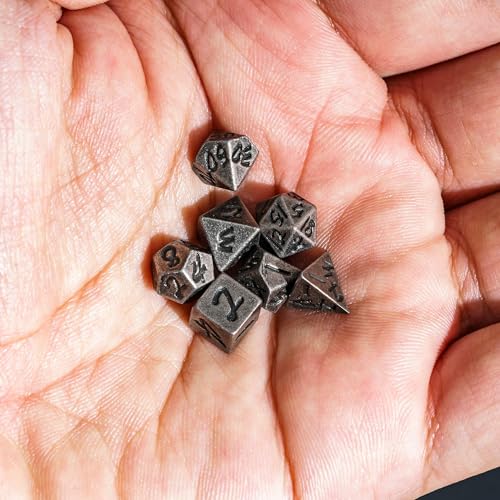 Mini Dice Set with Rune Keychain Case,7PCS Polyhedral Metal Dice Set for DND Role Playing Games(Silver) - color: Silver