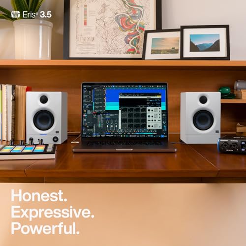 PreSonus Eris 3.5 Studio Monitors (White), Pair — 3.5" Inch Powered Bookshelf Speakers, Stereo, Desktop Computer, Near Field Music Production, Audio Mixing Recording | 50W Class-Ab, 3.5 Woven Woofer, 1 Silk-Dome Tweeter, 80-20khz, Trs and Rca/1/8 Inputs,