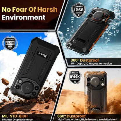 FOSSIBOT F110 Pro Rugged Smartphone Unlocked 5G Android 15, 128dB Loudest Speaker 20GB+128GB /2TB 10000mAH, 6.7'' HD Display 50MP Rear Camera, IP68/69K Waterproof, NFC/Dual SIM/Widevine L1 - color: Oranger