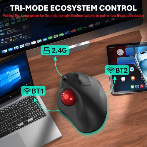 EDJO Ergonomic Wireless Trackball Mouse, 3-Device Bluetooth/2.4G, Red | 30° tilt, thumb control, 5 DPI levels 400-2400, up to 160h battery, Type-C rechargeable, stationary design, removable ball