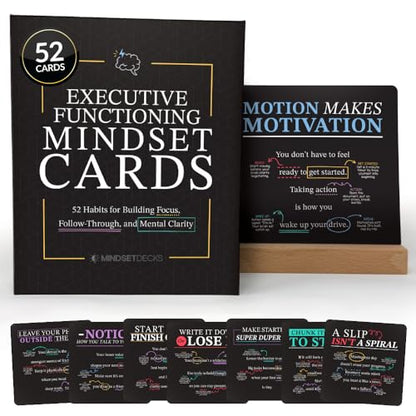 Executive Functioning Mindset Cards – 52 Daily Habit Cards for Focus, Organization & Follow Through – for Kids, Teens & Adults – Includes Wooden Display Stand – Gift for Teachers & Parents - style: Executive Functioning
