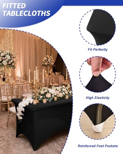 Fixwal Black Stretch Table Cloth Rectangle 2 Pack 4Ft, Spandex Fitted Table Covers Washable for Party, Trade Show, Banquet, Wedding, Buffet - color: Black, size: 4 Ft