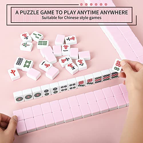 Chinese Pink 1.17 inches Compact Mahjong Set, Travel Small Size, 144 + 8 Blank Melamine Tiles, with Portable Travel Handbag Complete Mahjong Game Set - color: Pink