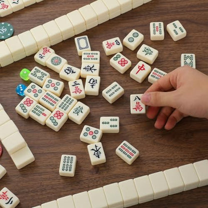 BESTOYARD 1.2-Inch Chinese Mahjong Set, 144 Tiles, 4 Racks and Carrying Bag | Traditional Mahjong Tile Set with 100 Chips, 6 Dice and Rule Book for 4 Players, Beginners, Travel and Family Game Night