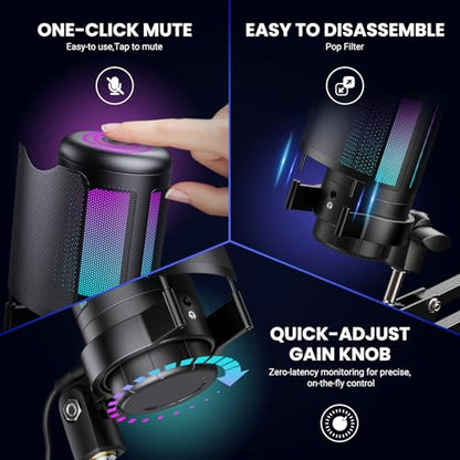 USB Gaming Microphone Kit, RGB Condenser Mic with Mute, Gain, Monitoring Adjustable Boom Arm Stand, Pop Filter, for Streaming, Podcasting, PC Gaming, YouTube, Compatible with PS4/PS5/Windows/Mac