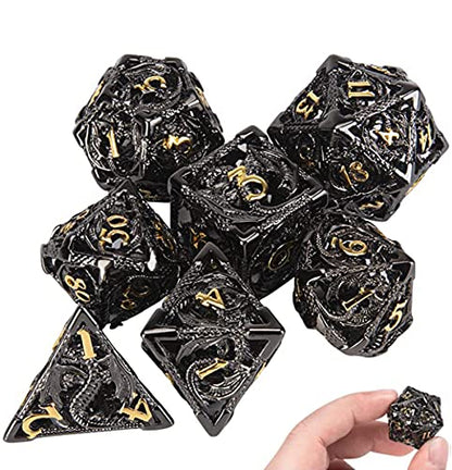 DND Dice,Hollow D&D Metal Dice,Dungeons and Dragons Dice Set with Gift Box,7 PCs Steampunk Polyhedral Dice Games Set for RPG,MTG,Pathfinder, (Dragon Black Golden) - color: Dragon Black Golden