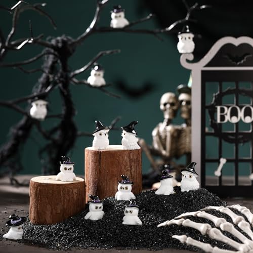 Soulchen 50pcs Halloween Mini Resin Figures Bulk Tiny Resin Owl Figures Little Small Miniatures to Hide White Owl in Witch Hat Craft for Halloween Party Gifts Bag Fillers Decor - style: Owl