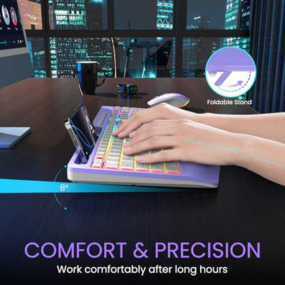 Wireless Keyboard and Mouse Combo- VEILZOR 2.4G Rechargeable Keyboard with Phone Holder, Ergonomic Wrist Rest, 9 RGB Backlit Effects, Silent Keyboard Mouse Set for Windows, Laptop, PC - color: Purple