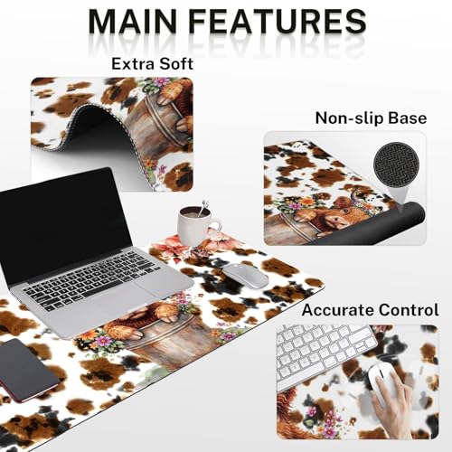 Arttown Keyboard Mouse Pad Set, 4 in 1 Desk Mat Set Highland Cow | Flower Leaves Cartoon Large Mousepad+Keyboard Wrist Rest+Mouse Wrist Rest+Coaster Ergonomic Design for Home Office Computer - color: Cute Highland Cow