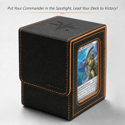 MTG Deck Box with Commander Display Window (Black&Orange, 1 window) | Holds 120 Single/100 Double-Sleeved Cards, Fit MTG/PTCG/OPTCG Cards, Strong Magnet, PU Leather, With 2 Dividers & 1 Toploader - color: Black and Orange