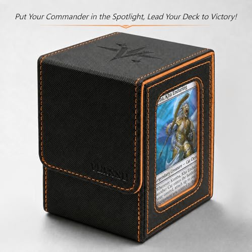 MTG Deck Box with Commander Display Window (Black&Orange, 1 window) | Holds 120 Single/100 Double-Sleeved Cards, Fit MTG/PTCG/OPTCG Cards, Strong Magnet, PU Leather, With 2 Dividers & 1 Toploader - color: Black and Orange