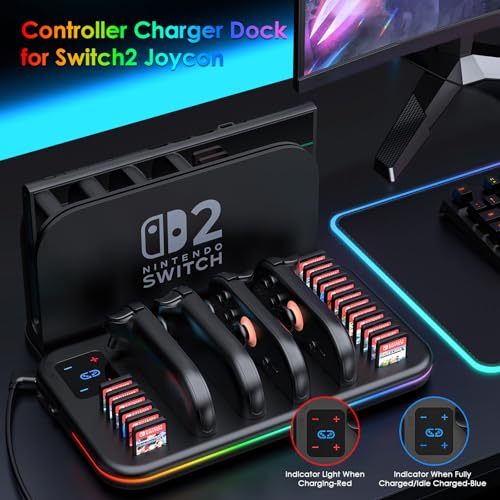 Charging Dock for Nintendo Switch 2 Joy Con, RGB Docking Station for Joycons Controller, Switch 2 Accessories with 18 Game Card Slots - size: 6FT
