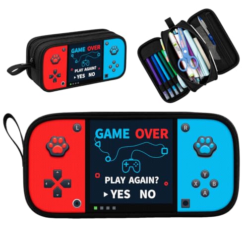 Game Controller Pencil Case for Boys Kids Teens, Large Capacity Pencil Pouch with 3 Compartments, 7 Pockets and Label Pocket for School College Office Travel (Red & Blue) - color: Red&Blue