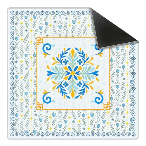 Blue and Yellow Chinoiserie Floral Mahjong Mat 31.5 x 31.5 in, Abstract Art Chinese Non-Slip Noise Reduction Gaming Mat for Table American Mahjong Poker Board Games Card Games Dominoes - color: Blue Yellow Abstract Floral Pattern Mahjong Mat