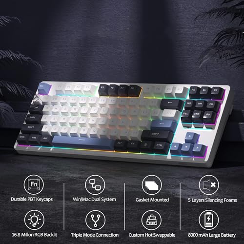 MageGee 87 Keys Wireless Creamy Keyboard, Gasket Tri-Mode 2.4G/USB-C/BT Gaming Keyboard, RGB Backlit Hot Swappable Mechanical Keyboard for Win/Mac/PC, 8000mAh Battery - color: Blue