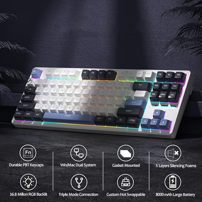 MageGee 87 Keys Wireless Creamy Keyboard, Gasket Tri-Mode 2.4G/USB-C/BT Gaming Keyboard, RGB Backlit Hot Swappable Mechanical Keyboard for Win/Mac/PC, 8000mAh Battery - color: Blue