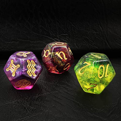 Bescon 3 Pieces Astrological Dice Set, Constellation Divination D12 Dice, 3 Colors Magical Stone Effect - color: Magical Stone Set