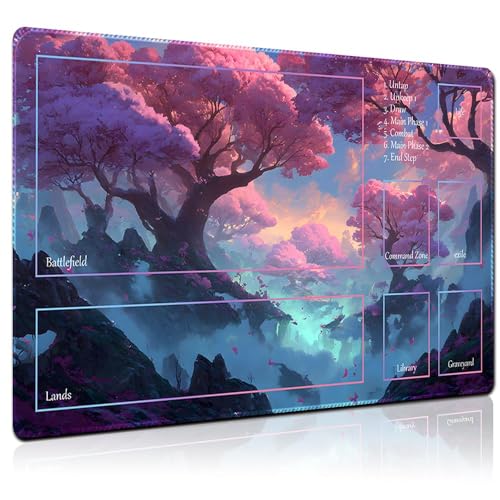 MTG Playmat 24x14 Inch | Optional Game Zone Layout | Non-Slip Rubber Base | Stitched Edges | Includes Free Storage Bag | for TCG, Board Games, and Desk Use(Blossombra,with Zone) - color: Blossombra, style: With zone