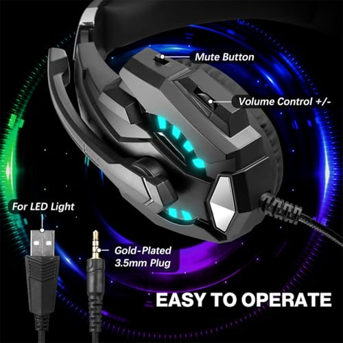 LICAEVEY Gaming Headset, Over Ear Headphone with Noise Cancellation Mic, LED Light, 40mm Drivers, 120 Adjustable Mic for PC, Laptop, Phone, Console (Black) - color: Black