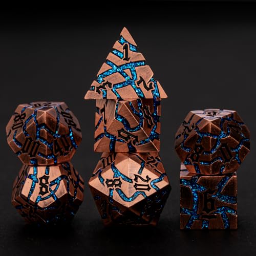Cracked Rune Metal Dice Set for DND & RPG – Dark Fantasy Fractured Design, Premium Heavy Metal Polyhedral Dice with Deep Engraved Numbers, 7-Piece Set – Blue Arcane Vein - color: Antique Copper Bright Blue