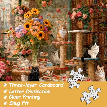 Cat Puzzles for Adults 1000 Pieces, Kitty Coffee Cake Flower Puzzle, Floral Kitten Animal Jigsaw Puzzles, Cozy Coffee Shop Wall Decor - style: Cozy Cat Cafe puzzle