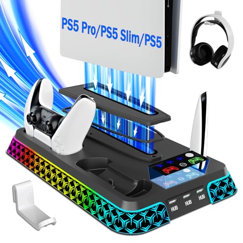 PS5/Slim/Pro Cooling Station for PlayStation 5 Console, PS 5 Cooling & Charging Station with RGB, PS 5 Controller Charger Incl. 3 Level Fan,Headset, PS5/Slim/Pro Accessories Comes 3 USB Ports - color: Y Style-Black