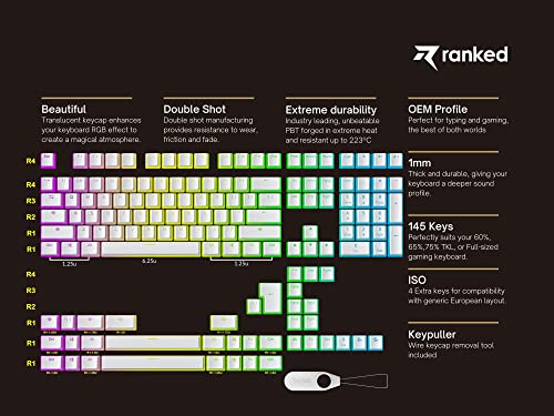 Ranked Pudding v2 PBT Keycaps | 145 Double Shot Translucent ANSI US & ISO Layout | OEM Profile for Full Size, TKL, 75%, 65% and 60% RGB Mechanical Gaming Keyboard (White) - color: White