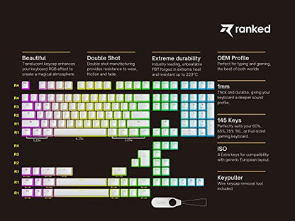 Ranked Pudding v2 PBT Keycaps | 145 Double Shot Translucent ANSI US & ISO Layout | OEM Profile for Full Size, TKL, 75%, 65% and 60% RGB Mechanical Gaming Keyboard (White) - color: White