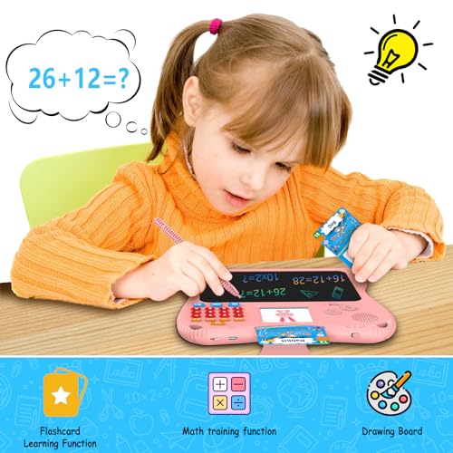 SPG300 Three-in-One Children's Learning Machine with Pen Oral Arithmetic Practice Memory Card Training Drawing Board Function 130 Memory Cards 2.4" LCD Screen Portable Educational Toy for Kids（Pink）