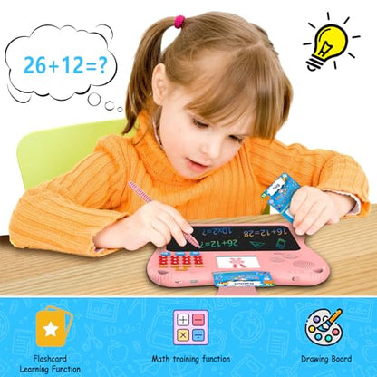 SPG300 Three-in-One Children's Learning Machine with Pen Oral Arithmetic Practice Memory Card Training Drawing Board Function 130 Memory Cards 2.4" LCD Screen Portable Educational Toy for Kids（Pink）