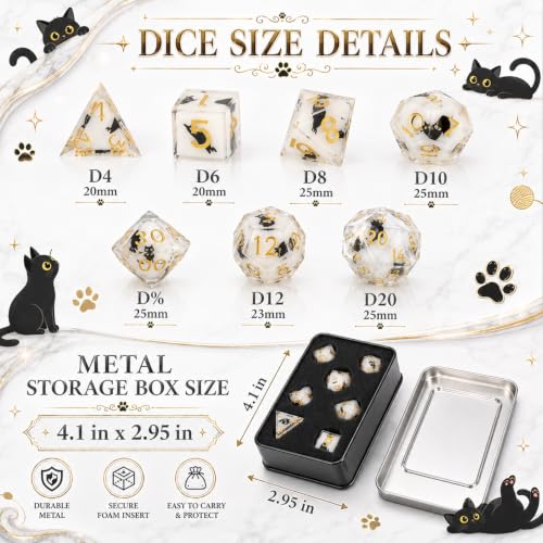 Metal Dice Set DND 7pcs with Gift Box - RPG Gift for Gamers(Cat) | Elegant gift box included, making it the ultimate present for roleplaying tabletop gamers and D&D enthusiasts - color: Cat