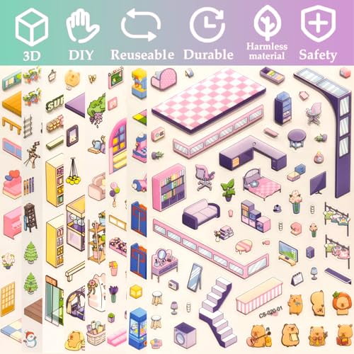 4 Sticker Books,32 Sets (1200+) DIY 3D Scene Stickers for Kids & Adults | Make Your Own Mini House & Room Scenes with Cute Kawaii Sticker Craft Book, Creative DIY Designs, Fun Gift for Kids & Adults - style: 4 Books – Cute Animal Town