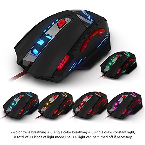 zelotes RGB Optical Gaming Mouse with Rapid Fire Button,9200 DPI (6-Level Adjustable), 8 Programmable Buttons,Adjustable Weights,USB Wired Ergonomic Mouse for Office/Gaming/Laptop/PC (Black)