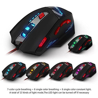 zelotes RGB Optical Gaming Mouse with Rapid Fire Button,9200 DPI (6-Level Adjustable), 8 Programmable Buttons,Adjustable Weights,USB Wired Ergonomic Mouse for Office/Gaming/Laptop/PC (Black)