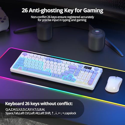 Fogruaden 96% Quiet Silent Wireless Gaming Keyboard with Number Pad & Knob, Mechanical Feel, Spill-Resistant, Multimedia Keys, Wired/BT/2.4G, USB Rechargeable Membrane Computer Keyboard for Win/Mac - color: WhitePurple
