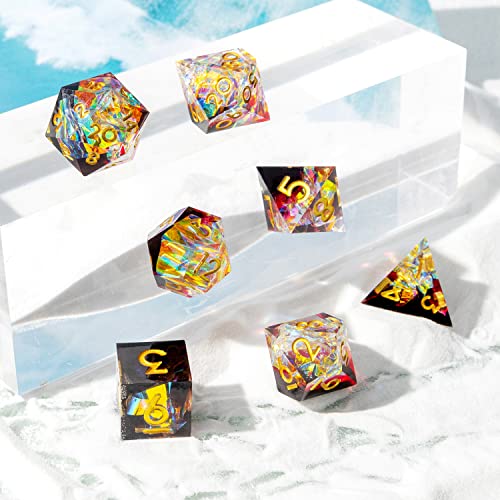 Sharp Edge DND Dice Set Handmade 7 Accessories Dice for Dungeons and Dragons TTRPG Games, Multi-Sided RPG Polyhedral Resin Sharp Edge Dice Roleplaying Games (Sequin Red) - color: Sequin Red