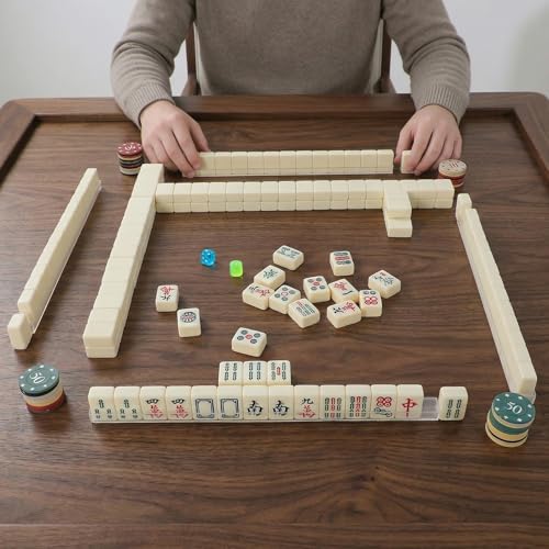 BESTOYARD 1.2-Inch Chinese Mahjong Set, 144 Tiles, 4 Racks and Carrying Bag | Traditional Mahjong Tile Set with 100 Chips, 6 Dice and Rule Book for 4 Players, Beginners, Travel and Family Game Night