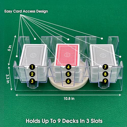 CHH 9 Deck Plastic Revolving Playing Card Tray with 3 Slots – Clear – Easy Access and Great Game Accessory