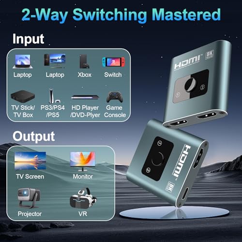 4K 120Hz HDMI Switch, 8K 60Hz HDMI 2.1 2-in-1/1-in-2 Switcher Splitter | Bi-Directional Aluminum HDMI Selector 48Gbps High Resolution Switch Capable for Gaming, PS5, Xbox, HDR10, Dolby Vision