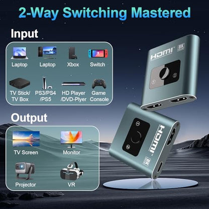 4K 120Hz HDMI Switch, 8K 60Hz HDMI 2.1 2-in-1/1-in-2 Switcher Splitter | Bi-Directional Aluminum HDMI Selector 48Gbps High Resolution Switch Capable for Gaming, PS5, Xbox, HDR10, Dolby Vision