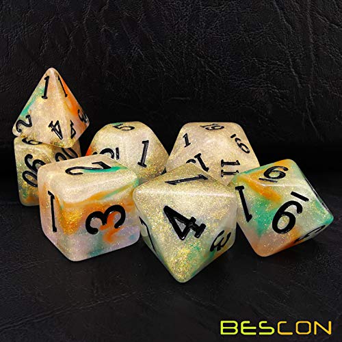 Bescon Magical Stone Dice Set Series, 7pcs Polyhedral RPG Dice Set Gold Ore, Black Tinbox Packing - color: Gold Ore in Tinbox