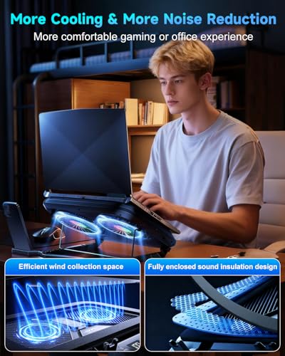Laptop Cooling Pad with Dual Core Cooler, Gaming Laptop Cooler with 5.5in 2 Powerful Turbofan(9500 RPM), Fast Cooling Laptop 12-21in, 5 Height Stands, 100 Gear Speed, LCD Screen, RGB, Phone Holder
