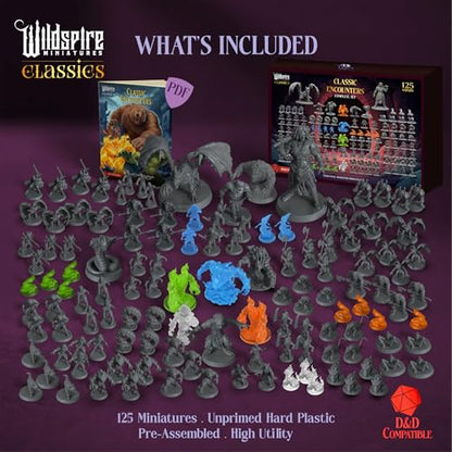 Classic Encounters - 125 Iconic DND Miniatures Bulk Monsters, Unpainted 28mm DND Minis, D&D Miniatures, Dungeons and Dragons Figures Mini Figurines, Fantasy Tabletop D&D Accessories Assembled