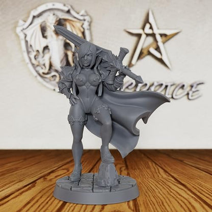 AUSPDICE Elf Warrior 32mm Unpainted Fantasy Miniature with Sword AS379 | 6.3cm Female Elf Fighter Figure with Sword, Armor and Cape for Dungeons and Dragons, TTRPGs and Dungeon Masters