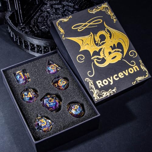 Roycevon Dragon Pattern Liquid Core DND Dice Set, 7Pcs Sharp Edge Dice with Gift Box, Purple Resin Dungeons Dragons D and D Role Playing Dice D20 D12 D10 D8 D6 D4 - color: Purplr Gold