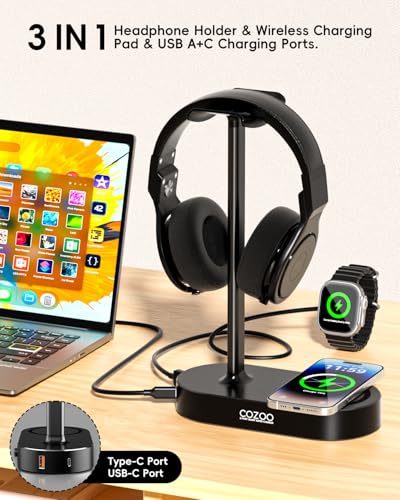 COZOO Headphone Stand with Fast Wireless Charging Pad and 2 USB Charging Ports, Suitable for Gaming, DJ, Wireless Earphone Accessories - color: Black