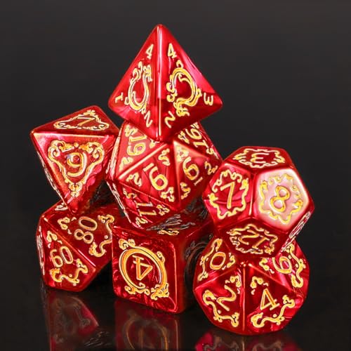 DND Dice Set - 7 Polyhedral Role Playing Dice with Gold Dragon Design, Acrylic D&D Dice Perfect for Dungeons and Dragons, Pathfinder, Warhammer, RPG Games (Red) - color: Gold Dragon-red