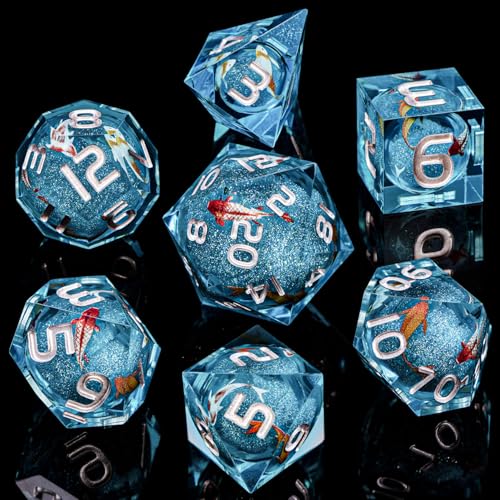 ARUOHHA Liquid Core DND Dice Set, 7pcs Resin Blue Sharp Edged Dragons Dice Compatible with D&D Role Playing Games, Handmade RPG Koi Fish Dungeons Polyhedral Dice Set D20 D12 D10 D8 D6 D4 - color: Hy-blue